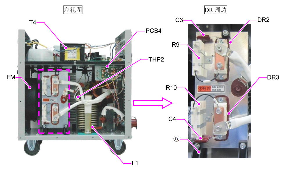 OTC CPVE400焊機(jī)內(nèi)部布局圖，標(biāo)注電路板等配件符號(hào)