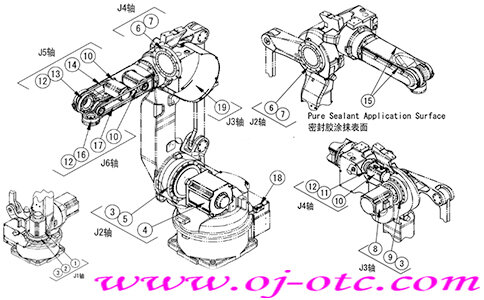 OTC Daihen FD11-A20 機器人分解圖，各軸及零件符號標(biāo)注
